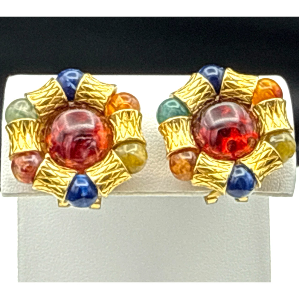 Vintage‎ Liz Claiborne Clip Earrings Jewel Tone Mogul Gold Tone Ornate Disc